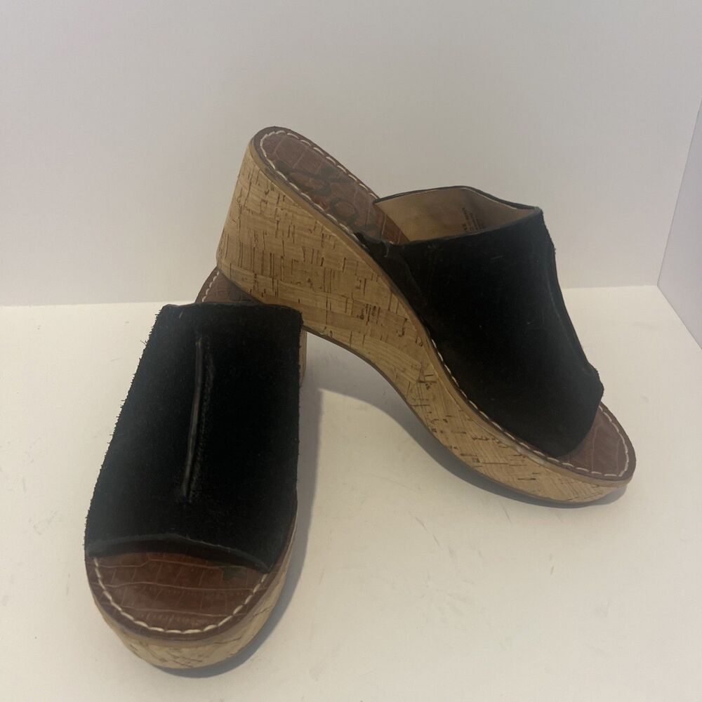 Sam Edelman Ranger Black Suede Wedge Sandals Women’s US 7.5 3” Heel Boho Chic